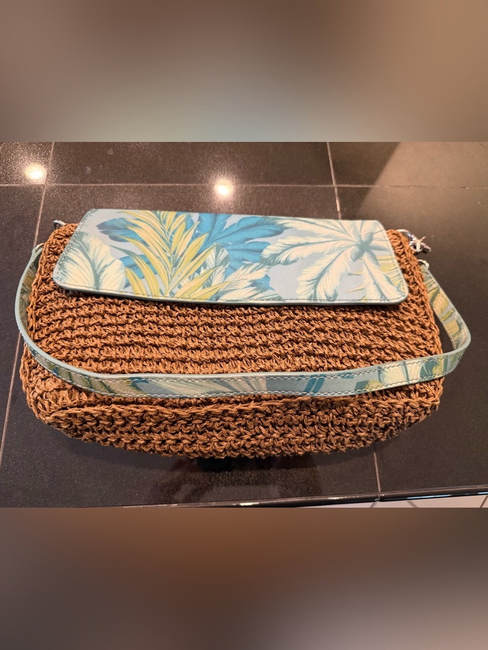 Tommy Bahama Woven Straw Tote with Blue Palm-Print Trim